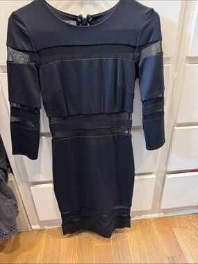 bebe Black Long-Sleeve Sheath Dress with Sheer Mesh Insets